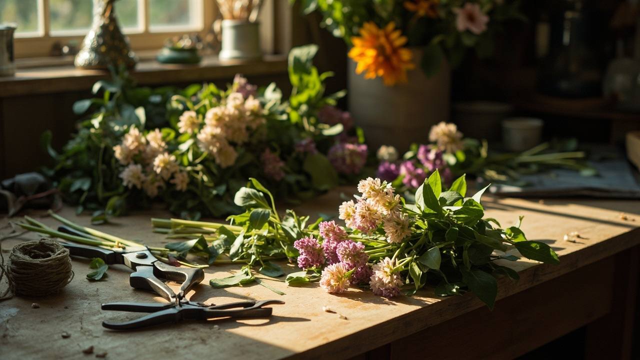 L’établi de l’atelier, tiges coupées, sécateur et ficelle