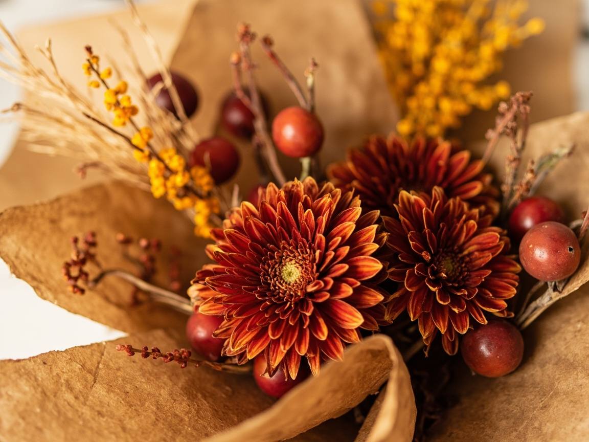 Bouquet d’automne aux tons rouille dans un papier kraft