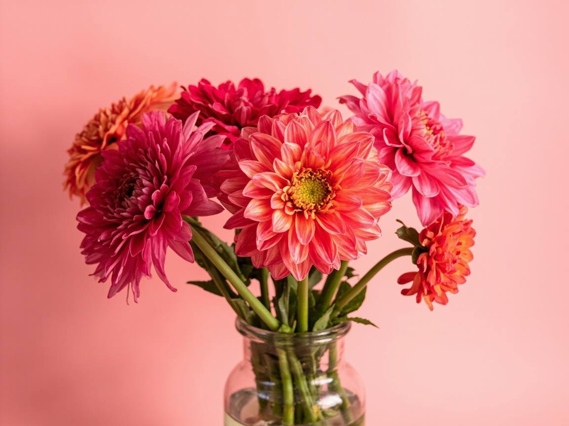 Bouquet d’été aux dahlias fuchsia et corail dans un vase de verre