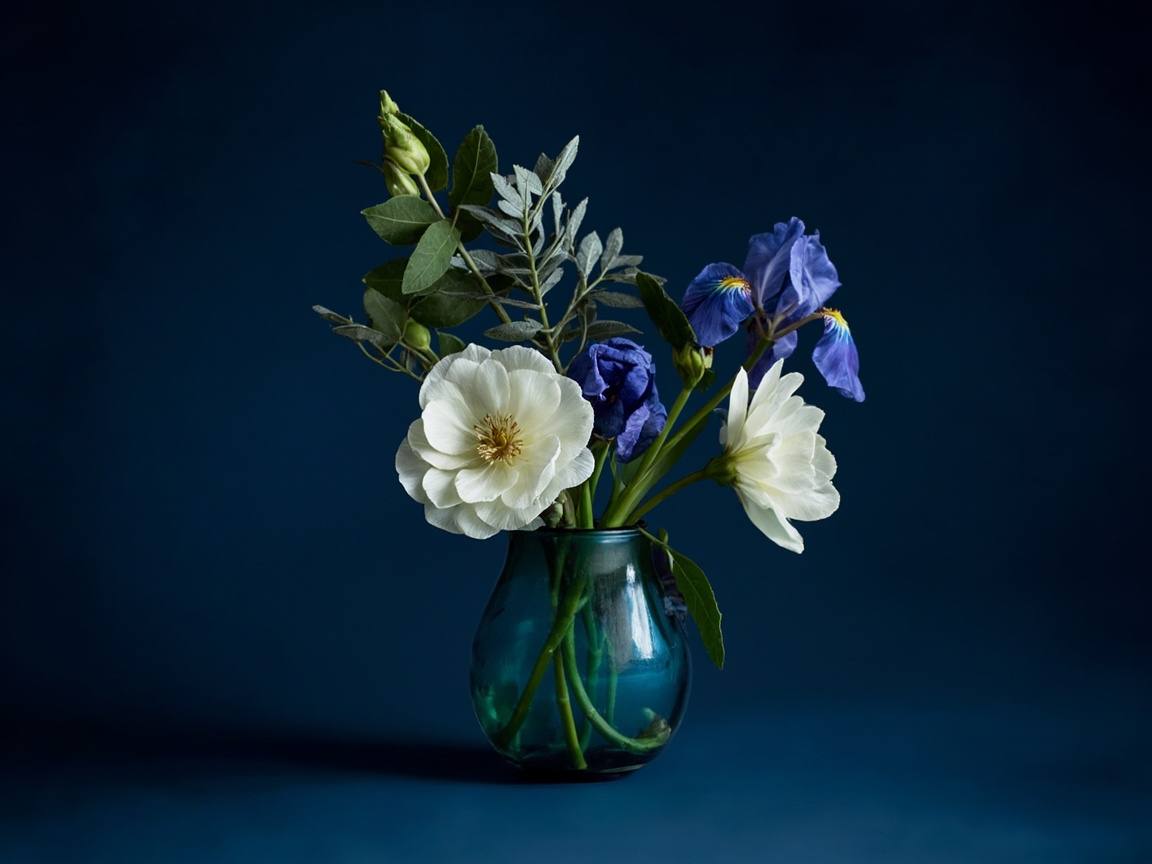 Arrangement d’hiver, hellébores blanches et iris bleu nuit