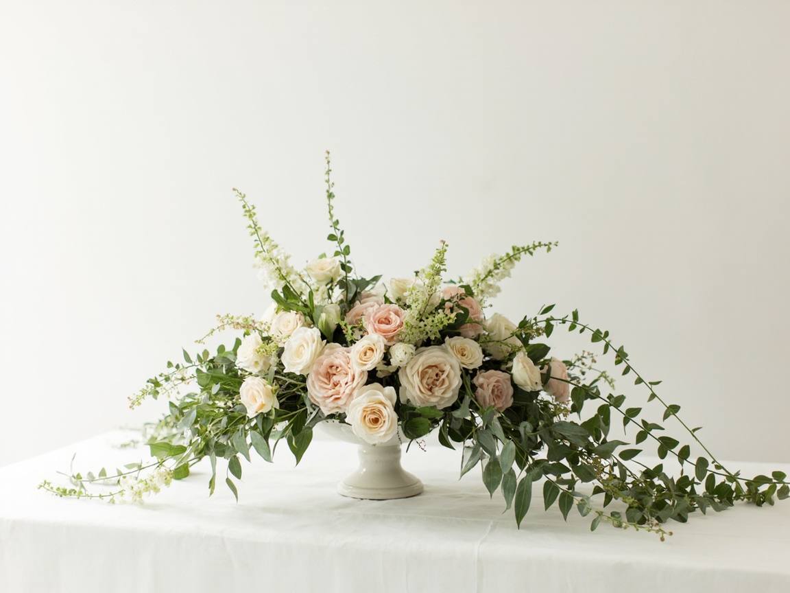 Centre de table de mariage, roses de jardin et feuillages retombants