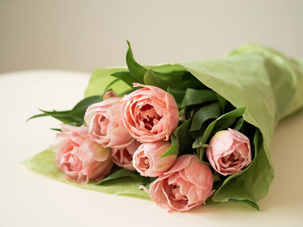 Bouquet de printemps, renoncules et tulipes dans un papier vert tendre