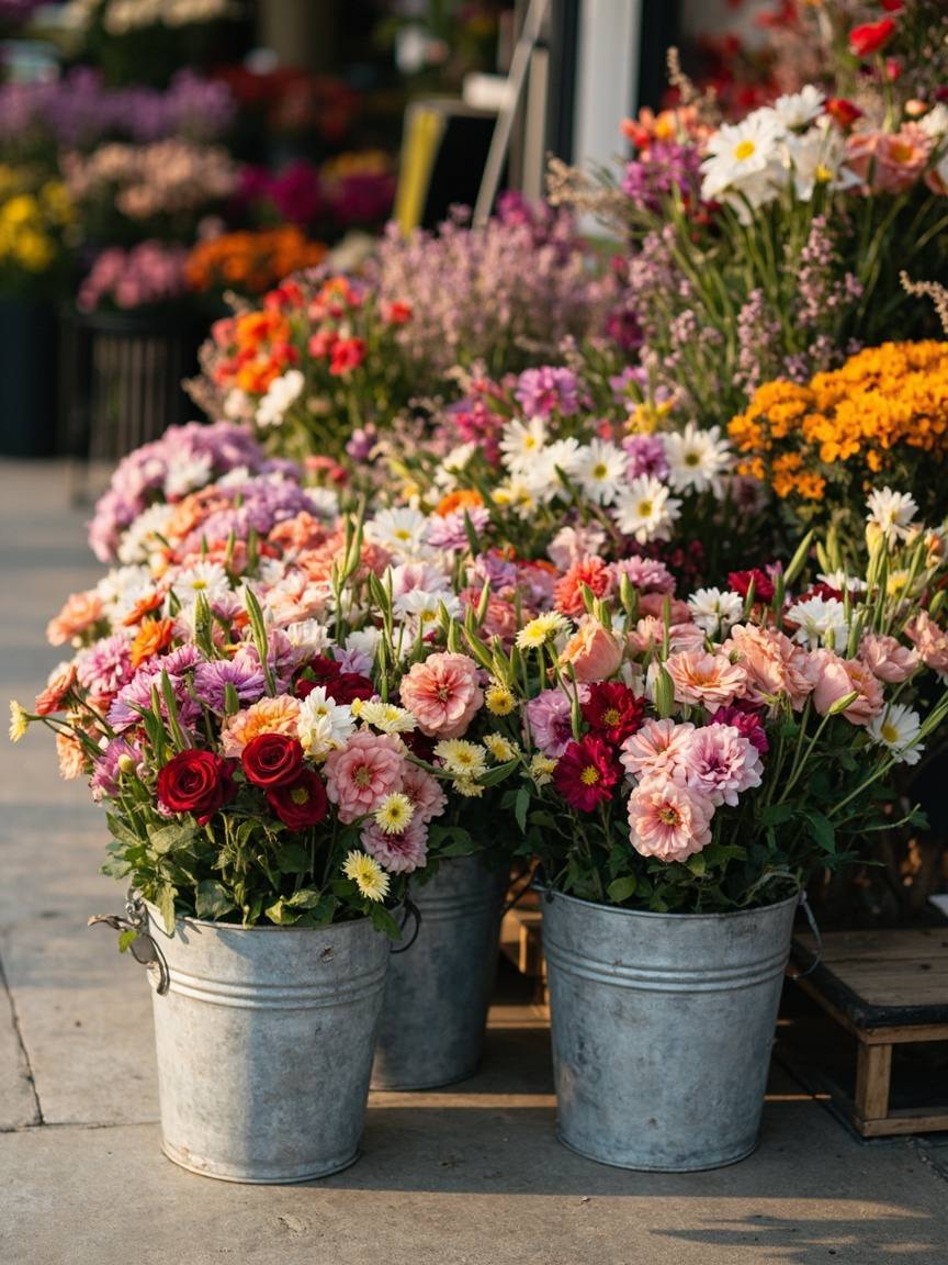 Seaux de zinc remplis de fleurs fraîches sur le sol de la boutique
